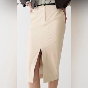 New J. CREW 10‎ Faux Leather Pencil Skirt Front Slit Midi Pale Bone Cream Career